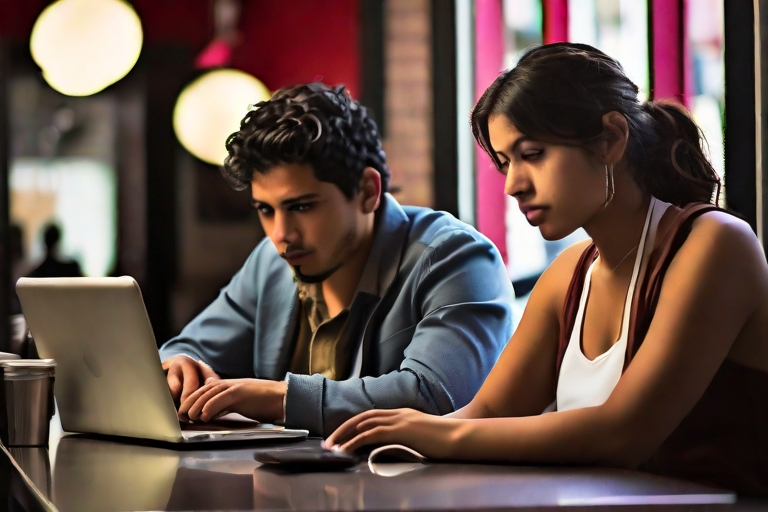 Two Latino individuals, lost in their own worlds, yet connected by the shared space of a bustling coffee bar. The man, with his sharp features and intense gaze, scrolls through his mobile phone, while the woman, with her delicate fingers and focused expression, types away on her laptop. The contrast between their actions and appearances adds an intriguing dynamic to the scene.